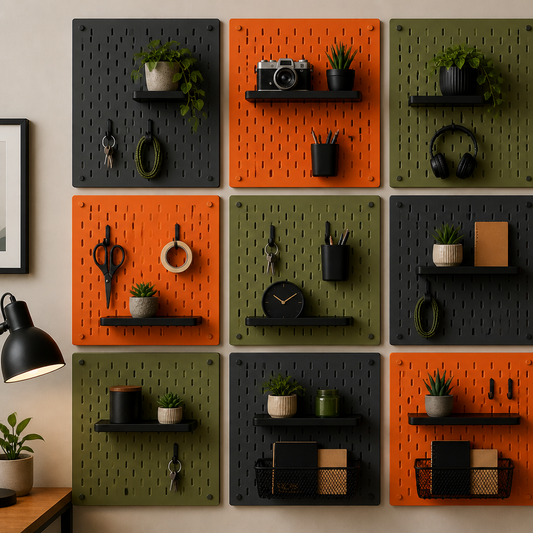 Wall-mounted pegboard with various shelves and decorative items in a room setting.